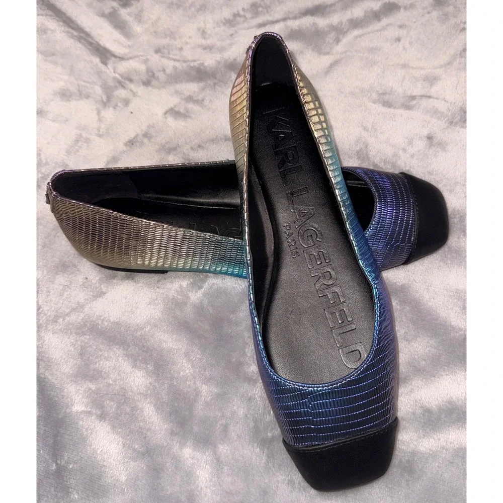 Karl Lagerfeld Paris Zayna Iridescent Ombre Square Toe Ballet Flats 6M Blue Gold